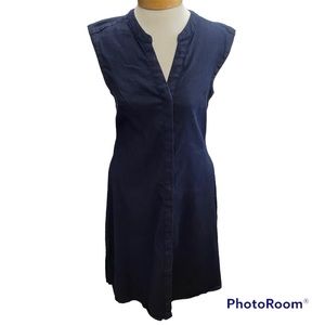Tahari Linen Blend Button Down Dress Dark Blue Size 4 Sleeveless Dress Casual